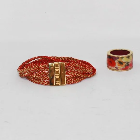 CAROLINA HERRERA #39318 Floral Red Bracelet and Ring Set (Ring Size 6)